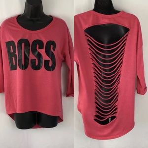 Pink BOSS Sweatshirt Shredded Back Top Hi Lo